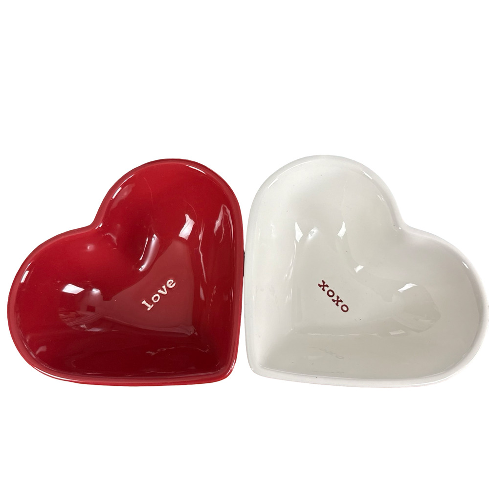 Pottery Barn Valentine Heart Shaped Bowls Red White XOXO Love Candy Dish Set
